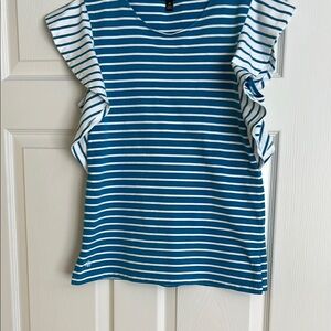 Ralph Lauren Blue and White Fitted Ruffled Sleeveless Top